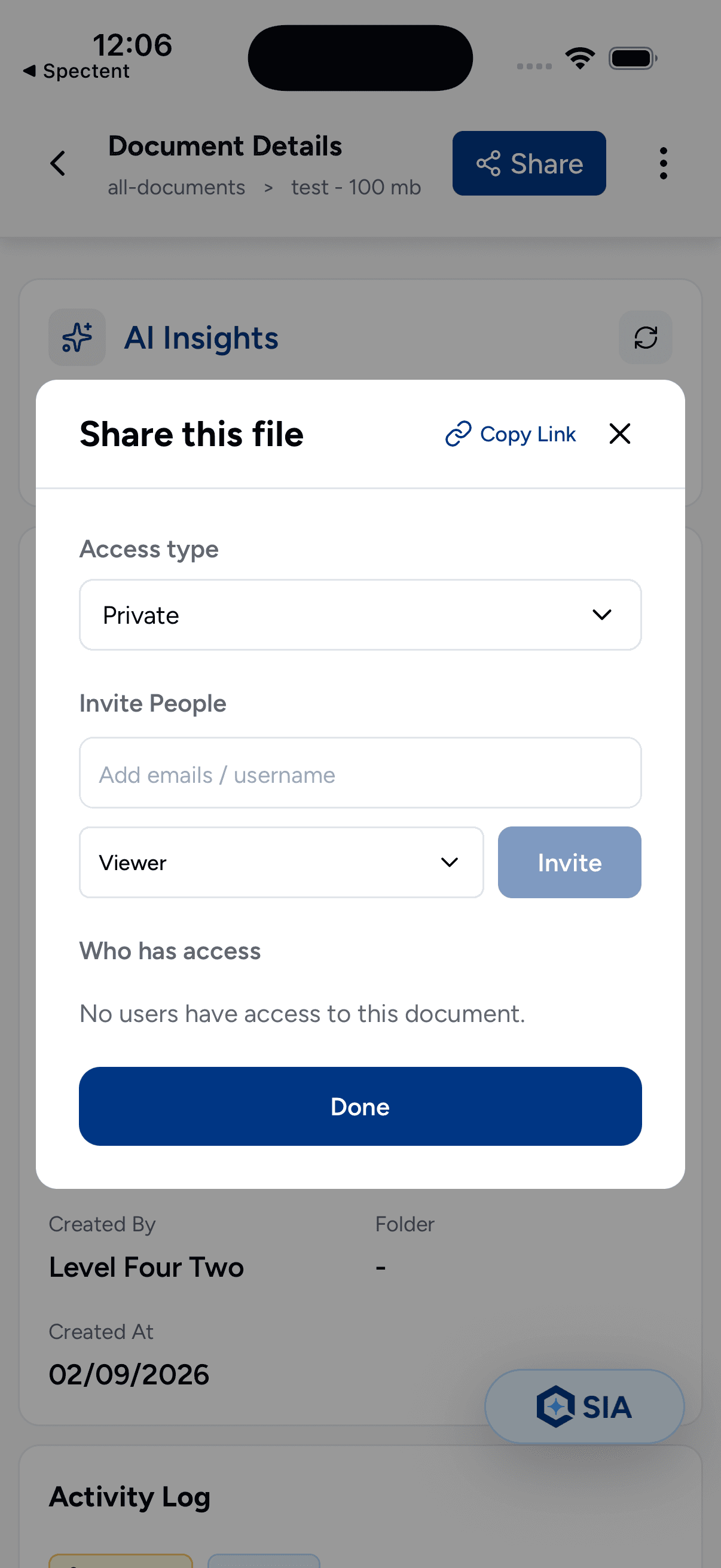 Spectent DMS — Share & permissions